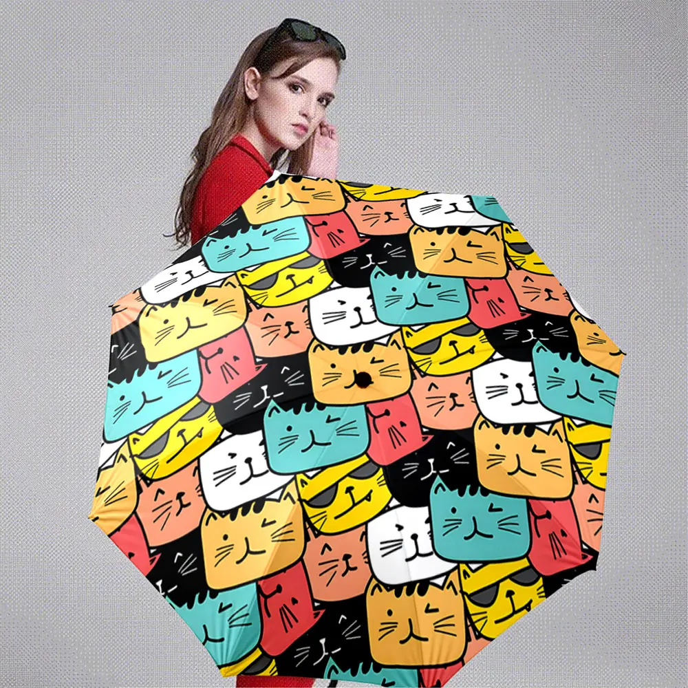 Colorful Cartoon Cat Faces Printed Umbrella – Fun and Stylish Design Portable Folding Umbrella, Gift for Family And Friends