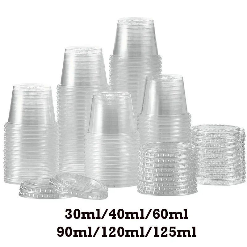 Copo De Plástico Descartável Com Tampa, Clear Sauce Cups, Jelly Yogurt Condiment Container, Round Seled Box, Acessórios de Cozinha, 100Pcs