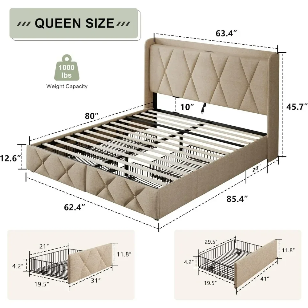 Queen bed frame with 4 storage drawers, fabric buttons with charging station, 4 