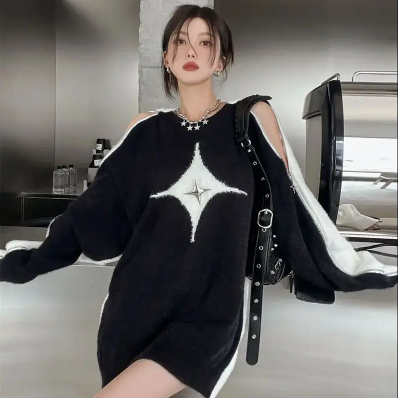 

Contrast Color Splicing Metal Zipper Off-Shoulder Five-Pointed Star Knitted Sweater Autumn Winter New Casual Versatile Top