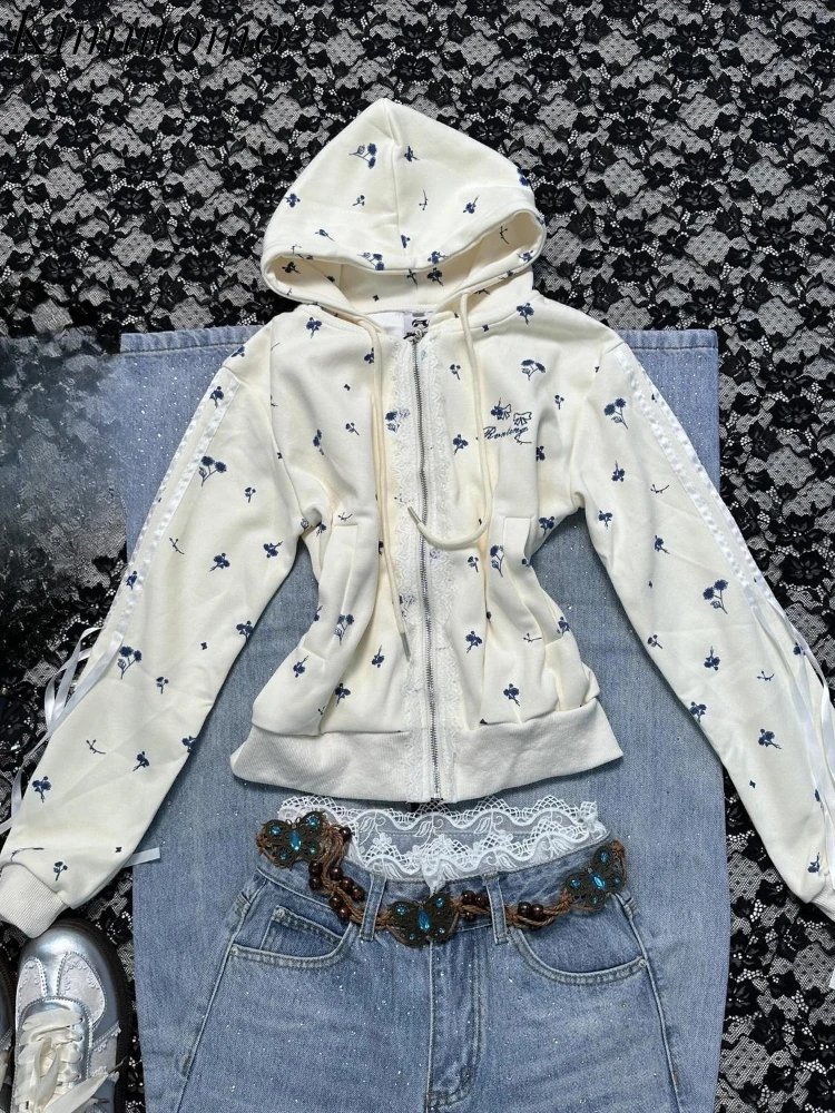 

Kimutomo Jackets Women Vintage Floral Printed Bow Zipper Outwear Lace Patchwork Hoodies Y2k Aesthetic Autumn Winter Sweatshirt