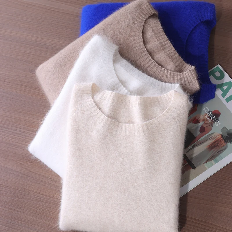 

New Chic Basic Women's Clothing 100% Mink Cashmere Pullover Solid Color O-Neck Soft Fluffy Sweater Autumn Winter Knitted Tops