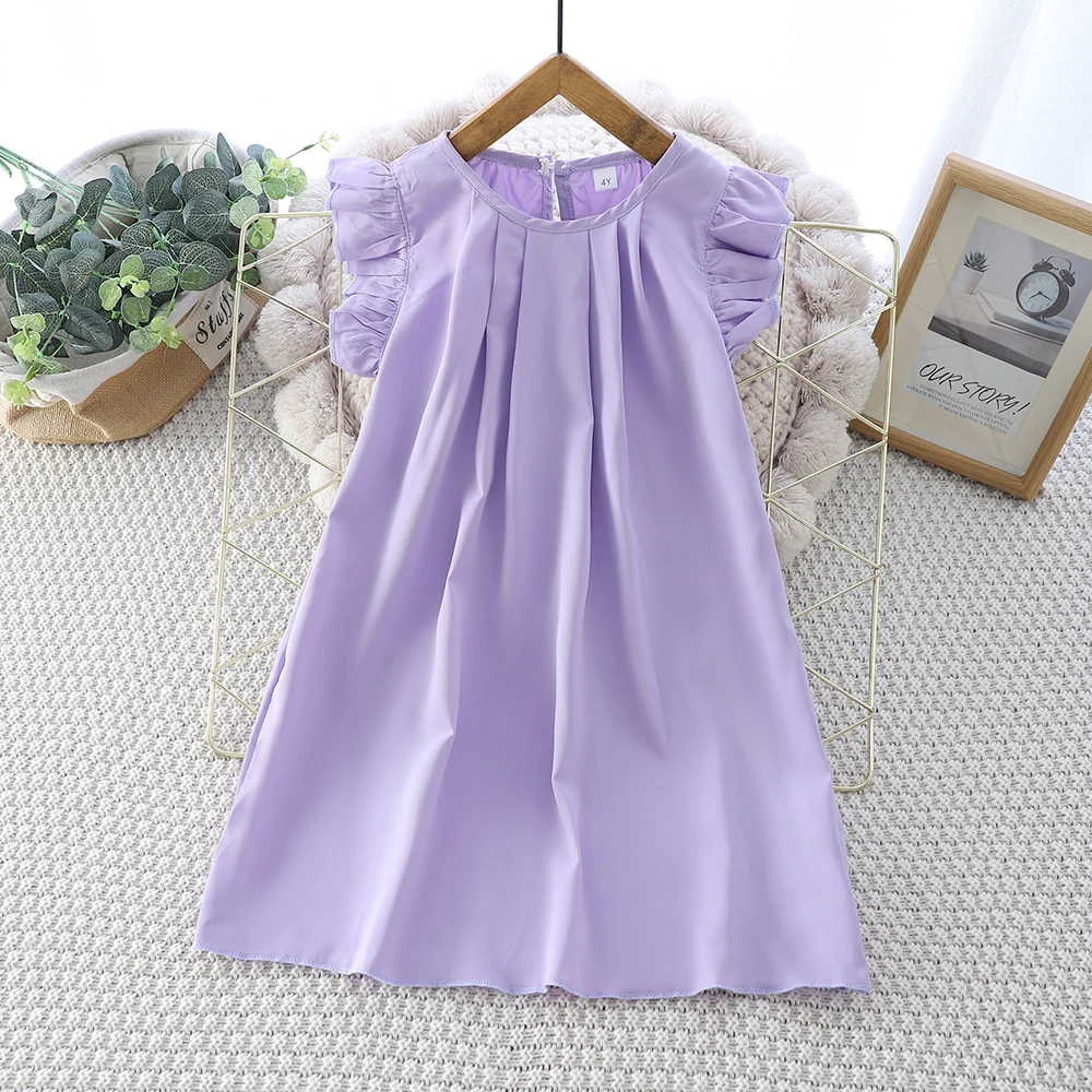 Europe and America Girls Princess Dresses Summer Pleated Design Casual Flying Sleeve Dress Kids Clothes