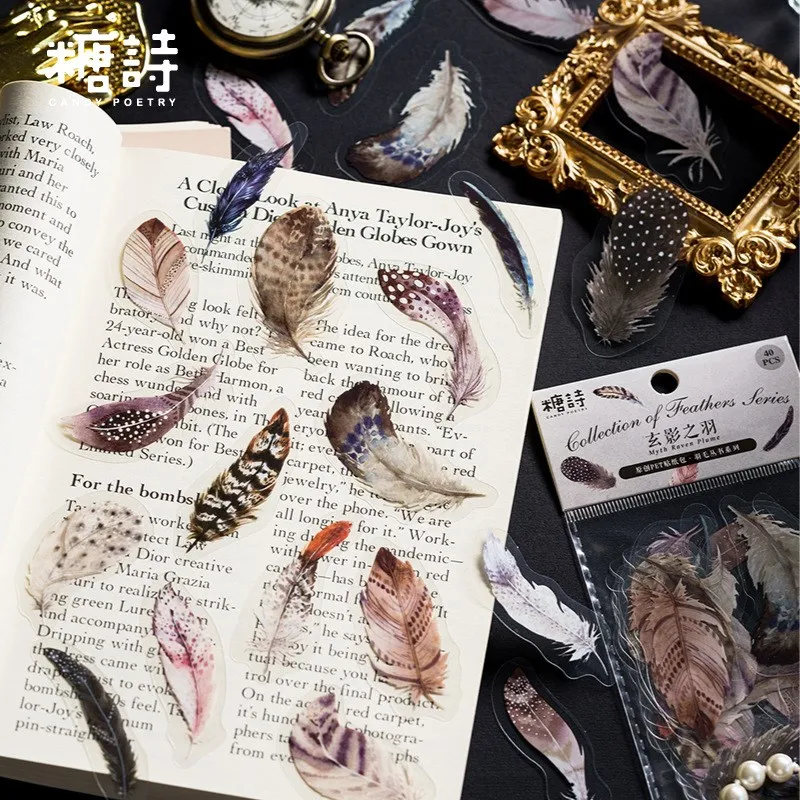 40 Pcs Waterproof Stickers Set Feather Themed Journal Stickers for Planner DIY Crafts Embelishment Diary