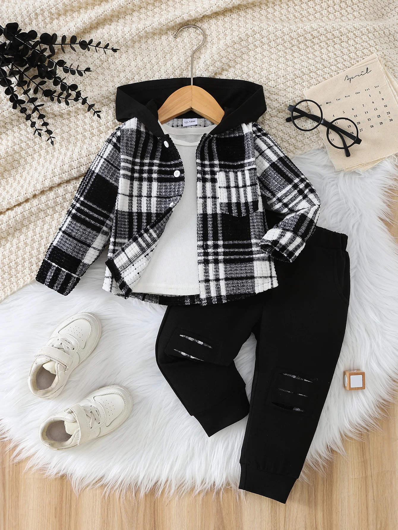 Toddler Boy 3Pcs Outfit Set 12M-5Y Plaid Hooded Jacket + Ribbed Tee + Ripped Pants, Kids Casual Fall Winter Clothes Set