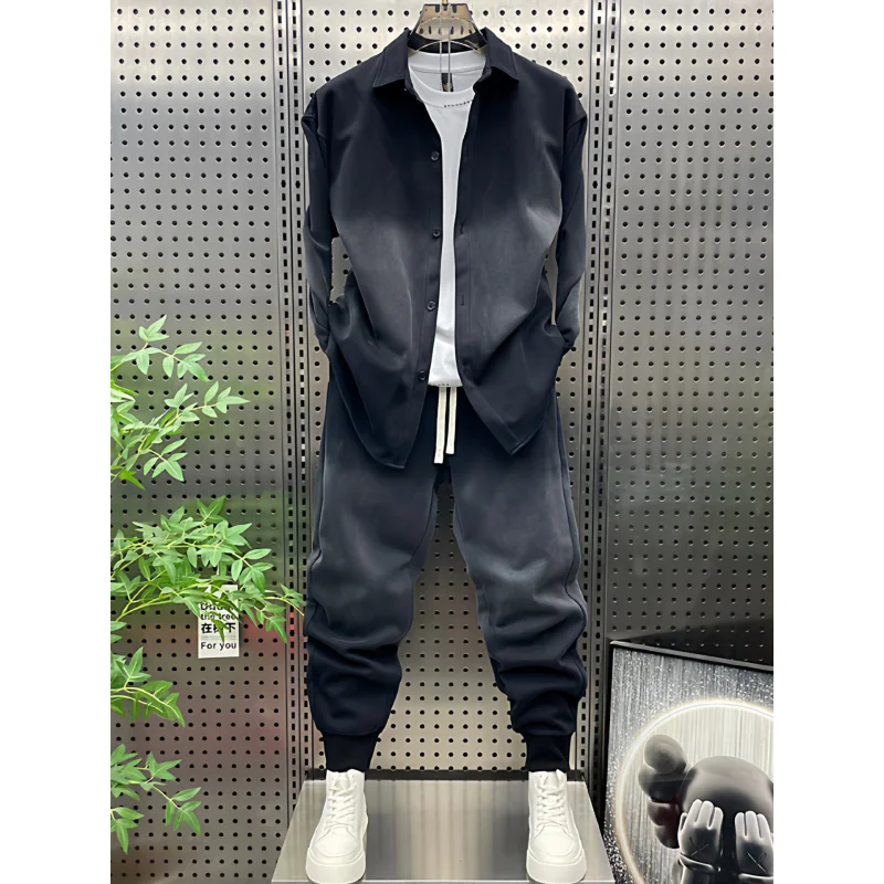 Autumn and winter velvet washed gradient coat, long pants casual suit, youth loose fit men's fashion two-piece set