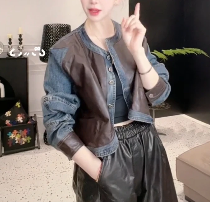 

Новая женская модная повседневная кожаная куртка-жакет в мотоциклетном стиле, верхняя одежда из натуральной кожи, джинсовый комплект