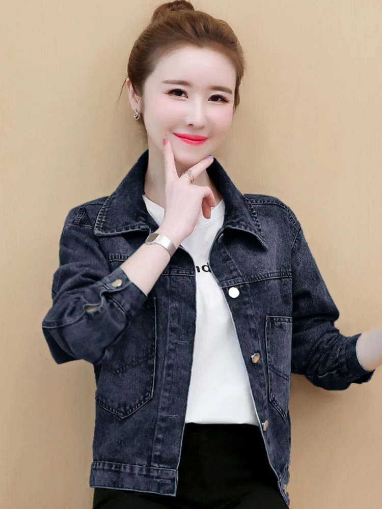 Black Denim Jacket Women's Spring Autumn 2026 New Korean Harajuku Style Versatile Short Top Trendy Button Pocket Embellished
