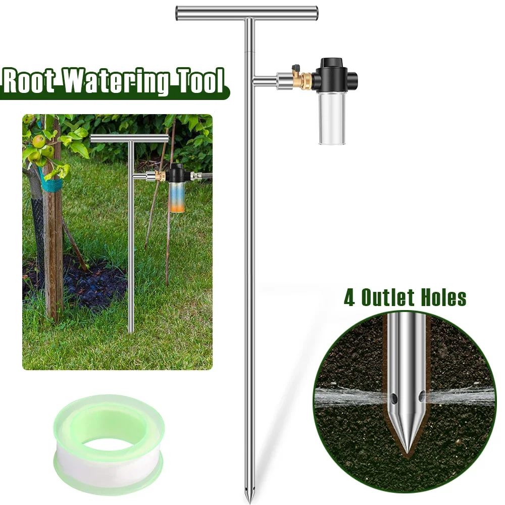 Root Watering Tool Stainless Steel Tree Watering Wand with 4 Outlet Holes Water Saving Deep Stem Irrigator Stem Moistening Tool