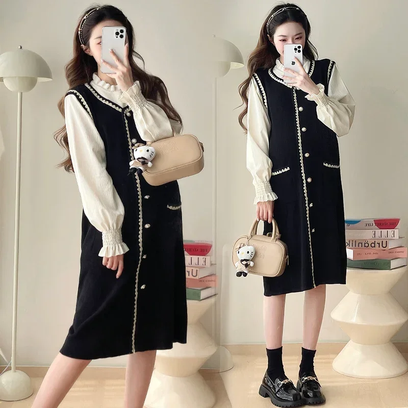 2025 Autry winter maternity knitted dress elegant long sleeve ruffles collar patchwork faux two pieces pregnant woman dresses