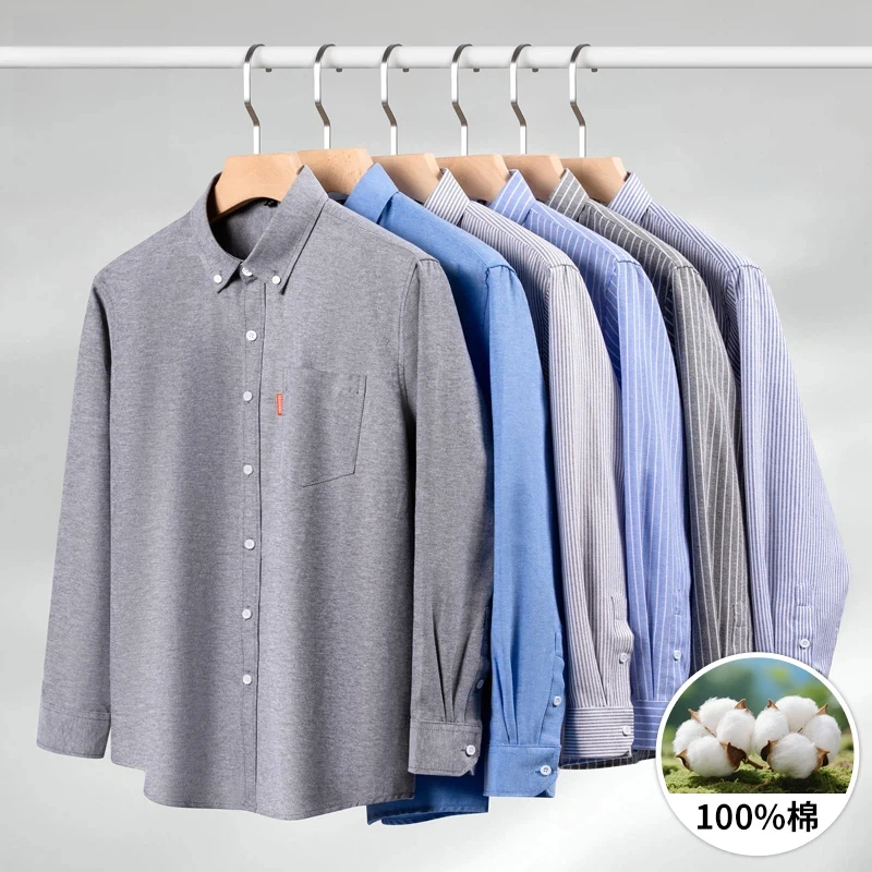 New 100% Cotton Oxford Men Shirts Long Sleeves Plaid Soft Regular Fit Formal Dress Shirt Pocket Social Blouse Male Clothes