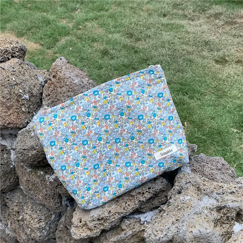 Bolsa de cosméticos Floral de tela de algodón para mujer, bolsa de almacenamiento de maquillaje, bolsa de cosméticos con cremallera de estilo