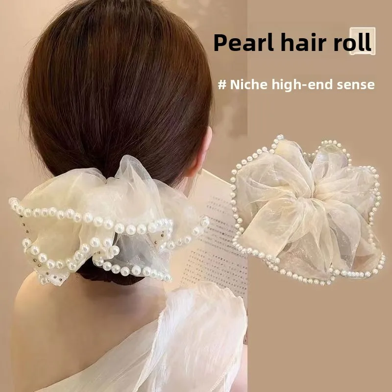 

Женская элегантная темпераментная негабаритная сетчатая повязка на голову с жемчугом, высокий хвост, шаровая голова, резинка, аксессуары для волос