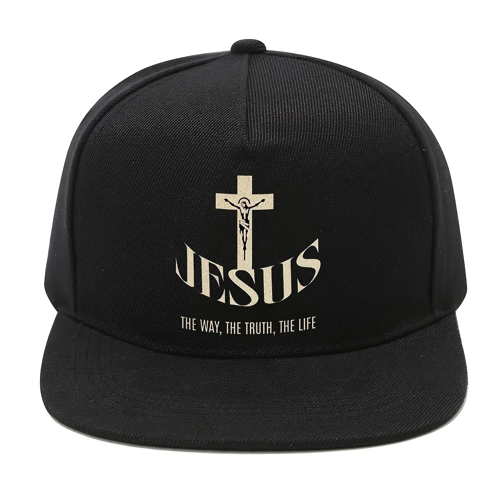 Casquette Hip-Hop 2D plate - 1 pièce - Imprimé croix « THE WAY, THE TRUTH, THE LIFE », Casquette de baseball tendance urbaine pour sports de plein air, Casquette à visière plate