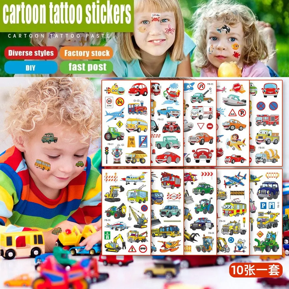 

10pcs Tattoo Kids Various Cartoon Car Fake Tattoo Sticker Temporary Tattoos Waterproof Tatto airplane Tatoo Hand Arm For Child