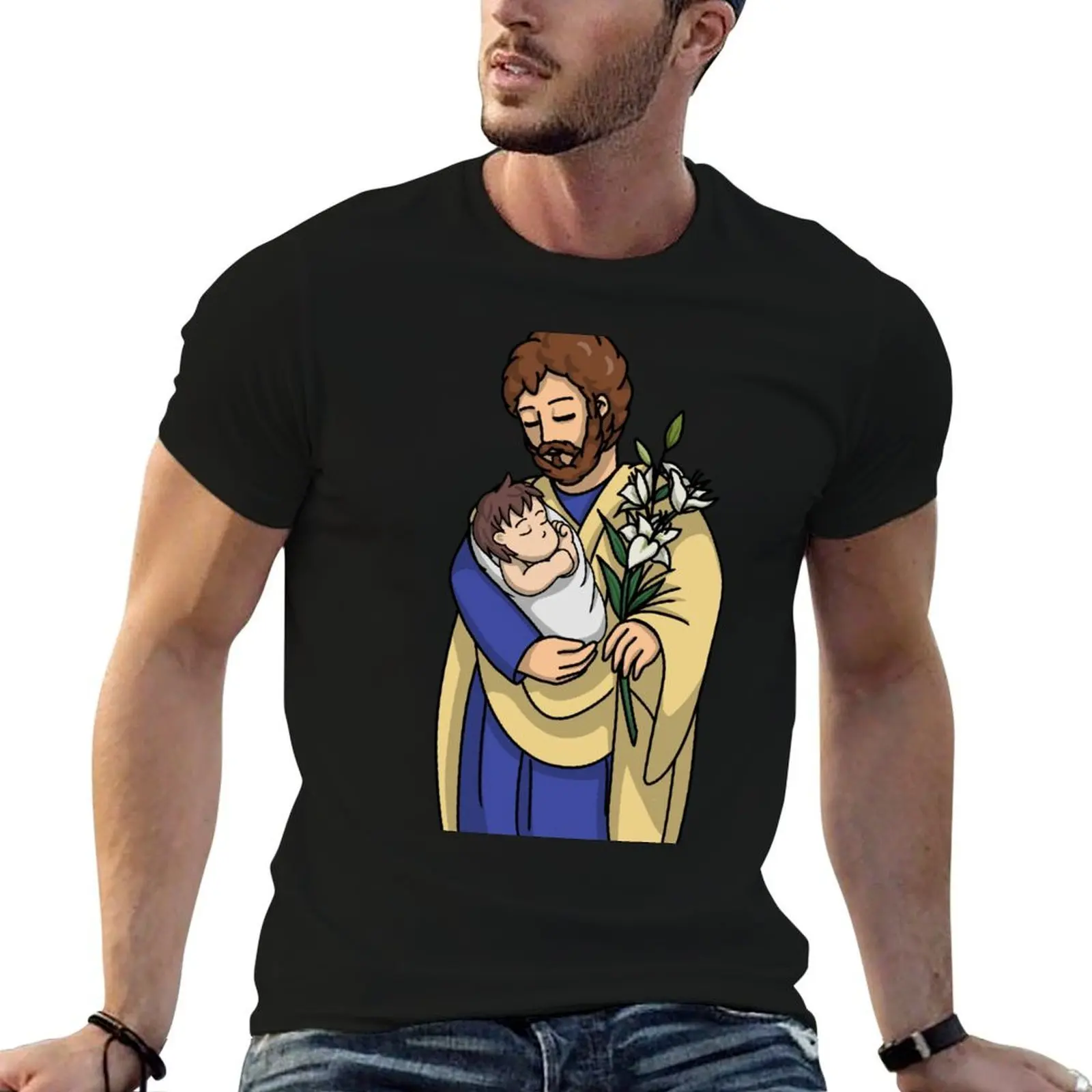 

St Joseph and cute baby Jesus T-Shirt man t shirt cotton funny t shirts dark humor man t shirt luxury T-shirt