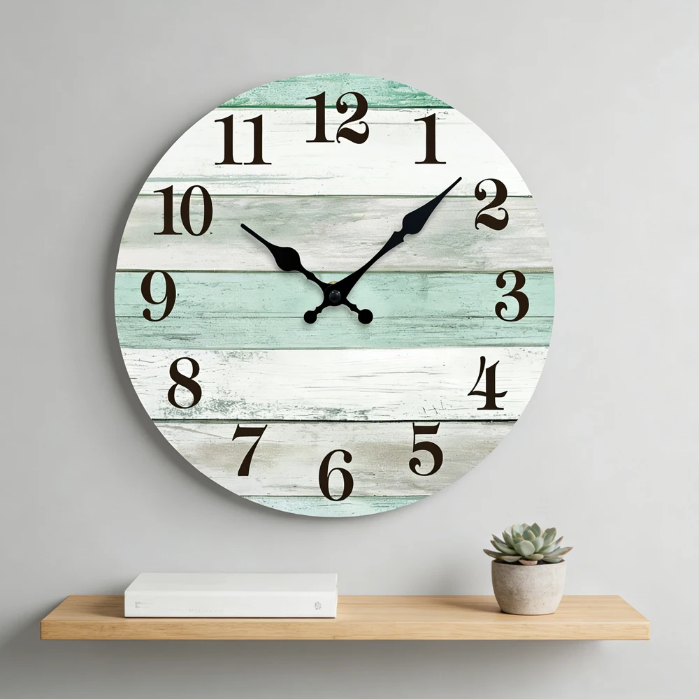 Rustic Mint Green Wood Wall Clock Time Management  Silent Quartz Clock Farmhouse Coastal Decor for Living Room Bedroom Kitchen