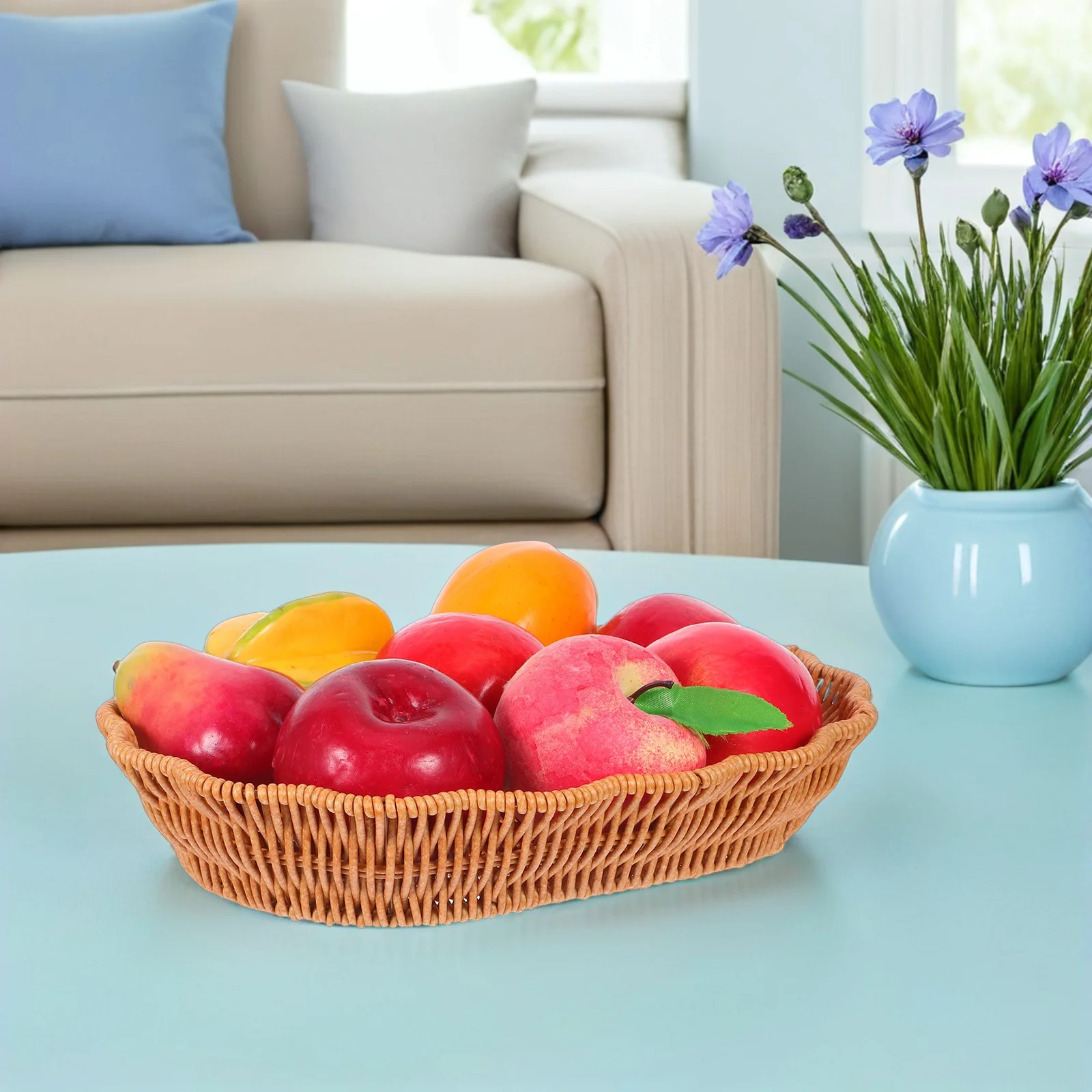 

Imitation Rattan Woven Snack Fruit Basket Oval Decorative Edge Bread Tray Kitchen Countertop Storage Organizer