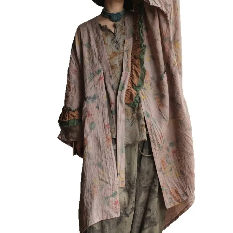 Camiseta Larga Vintage Étnica de Ramio Fino con Protección Solar para Mujer, Estampada, Estilo Bohemio, Holgada, Tipo Batwing, Túnica Casual
