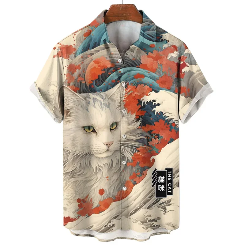 Hawaiian Cat men\'s printed short sleeved shirt, lapel printed shirt, streetwear top, animal 3D shirt, beachwear, summer fashion