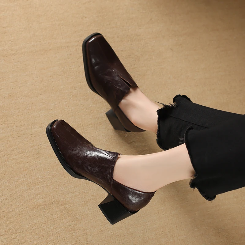 EAGSITY Cow Leather brown loafers women's shoes chunky heel pumps slip on footwear party retro casual fashion dress shoes pumps