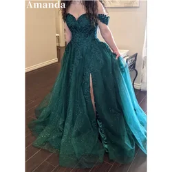 Amanda Green Lace Embroidery A-line Prom Dress Elegant Off Shoulder Tulle فساتين السهرة Plus Size Evening Dress