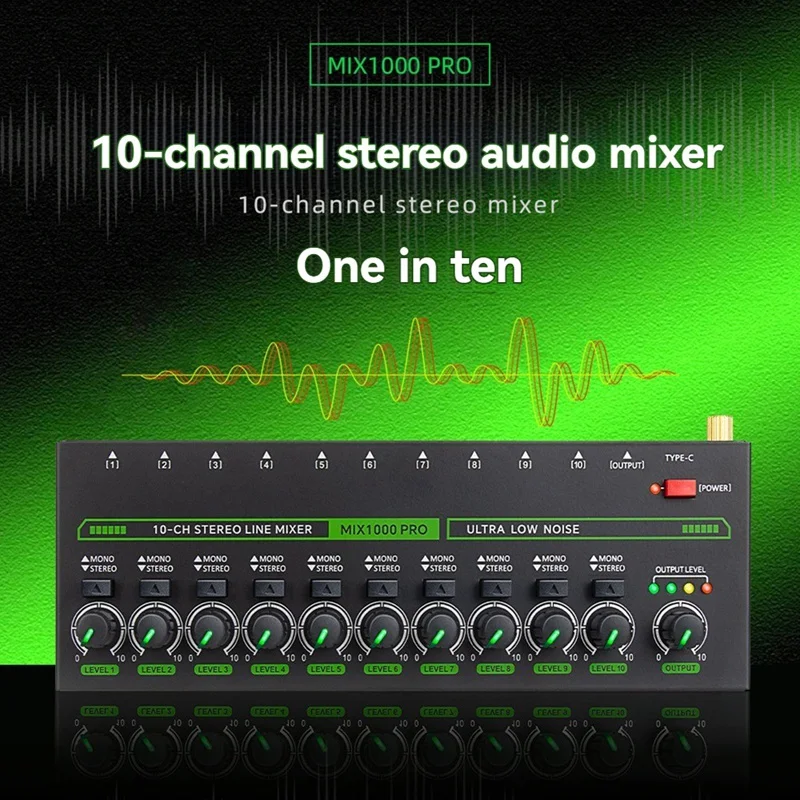 Professional Audio Mixer 10 Channel Stereo Mixer with RGB Light & Ultra Low Noise DC5V Easy Operation EU Plug-AD23