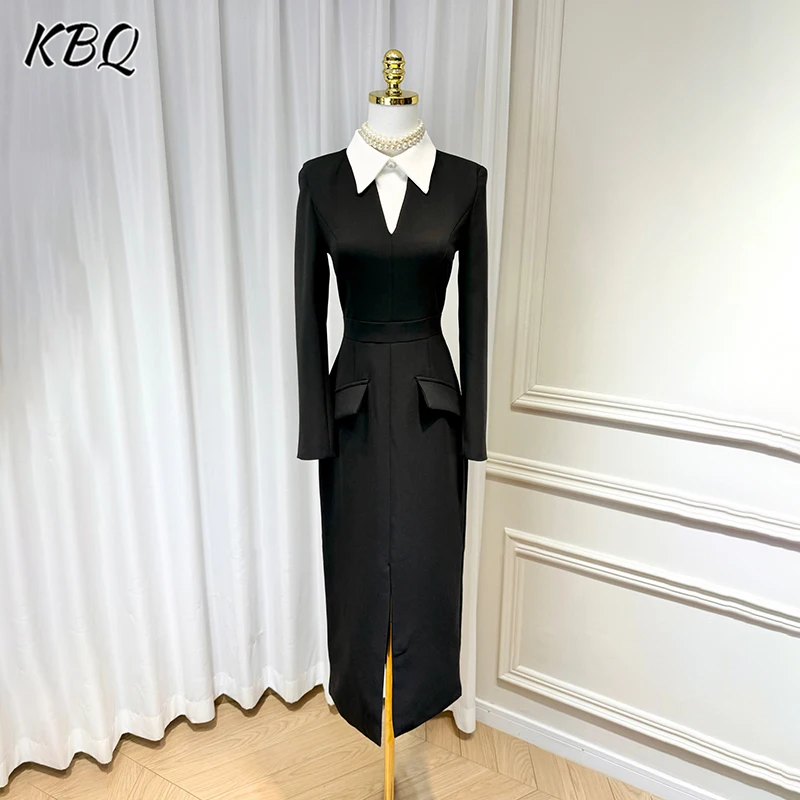 

KBQ Hit Color Slimming Temperament Dresses For Women Lapel Long Sleeve High Waist Elegant Minimalist Dress Female Fashion Style