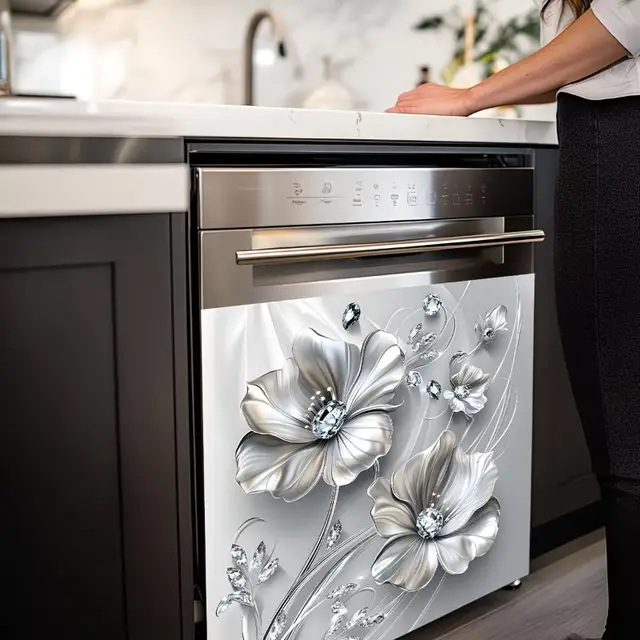 【S】Silvery Floral Rhinestone Decal Kitchen Fridge Dishwasher Sticker Self-Adhesive Removable Wall Decals Home Decor 4