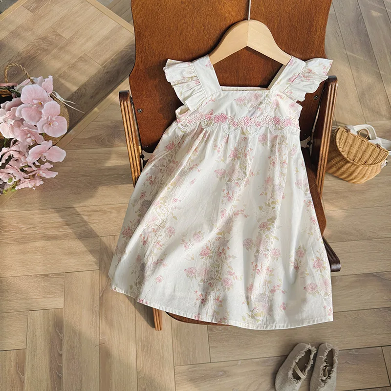 

2026Summer new style colorful floral print girls' dress with lace flutter sleeves and suspender skirt children's clothing