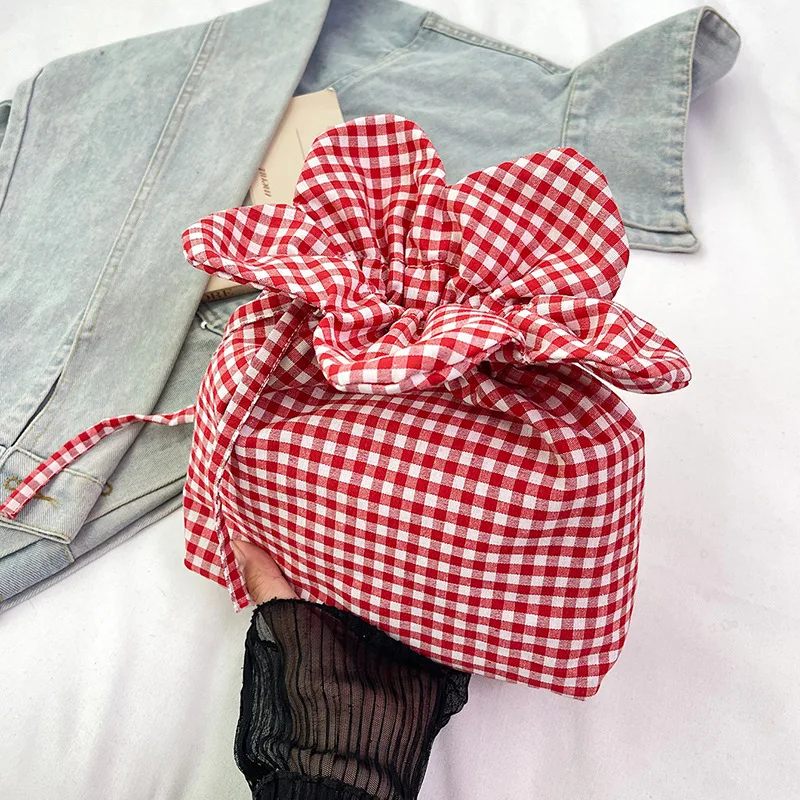 

Cute Flower Women's Small Crossbody Bags Casual Drawstring Female Canvas Plaid Shoulder Bag Simple Phone Purse Clutch Handbags
