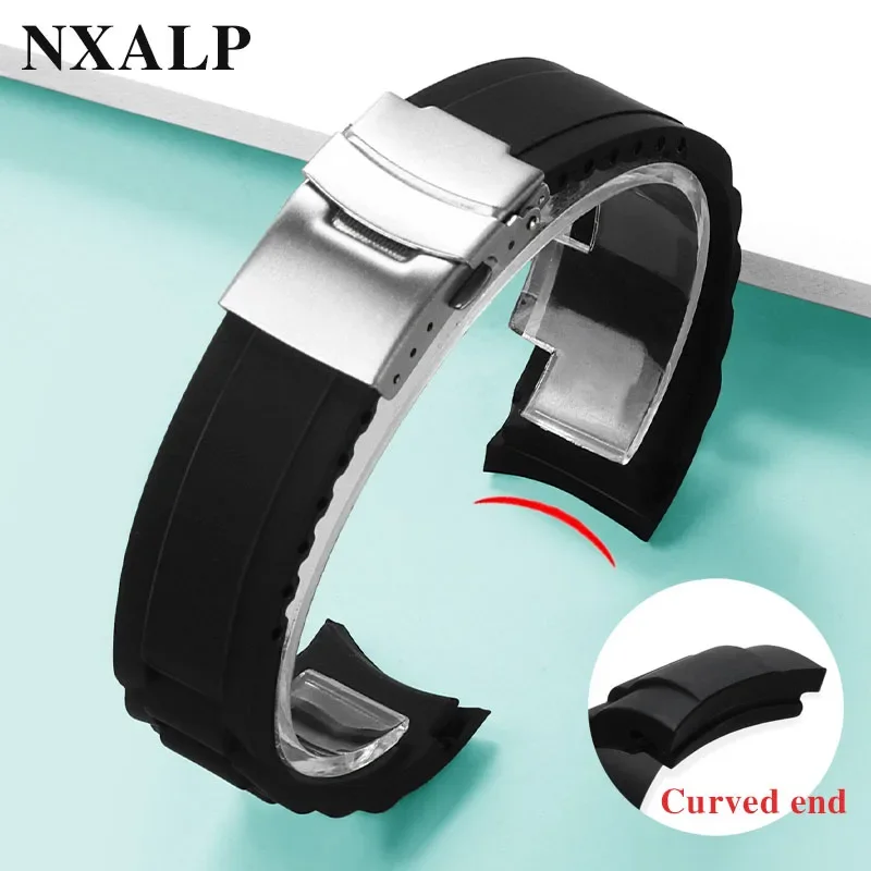 Curved End Silicone Watch Strap 20mm 22mm for Seiko for Rolex Watchband Folding Buckle Arc End Band Rubber Bracelet Replacement