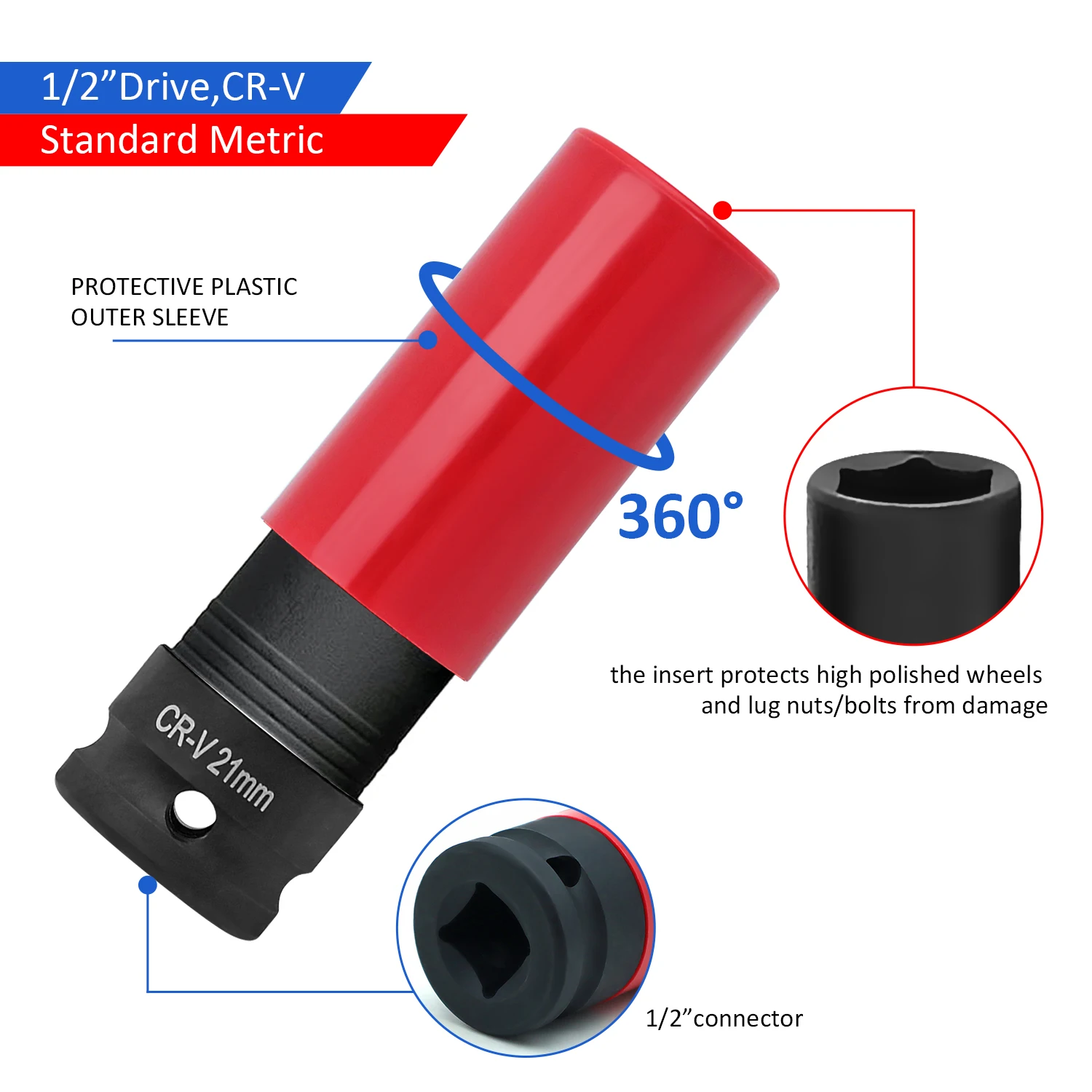 1/2 Zoll Antriebsradschutz Schlagschrauber Dünnwandiger Deep Impact Steckschlüsselsatz Kunststoffhülse Radmutter 17 mm, 19 mm, 21 mm, 22 mm – Detail 4