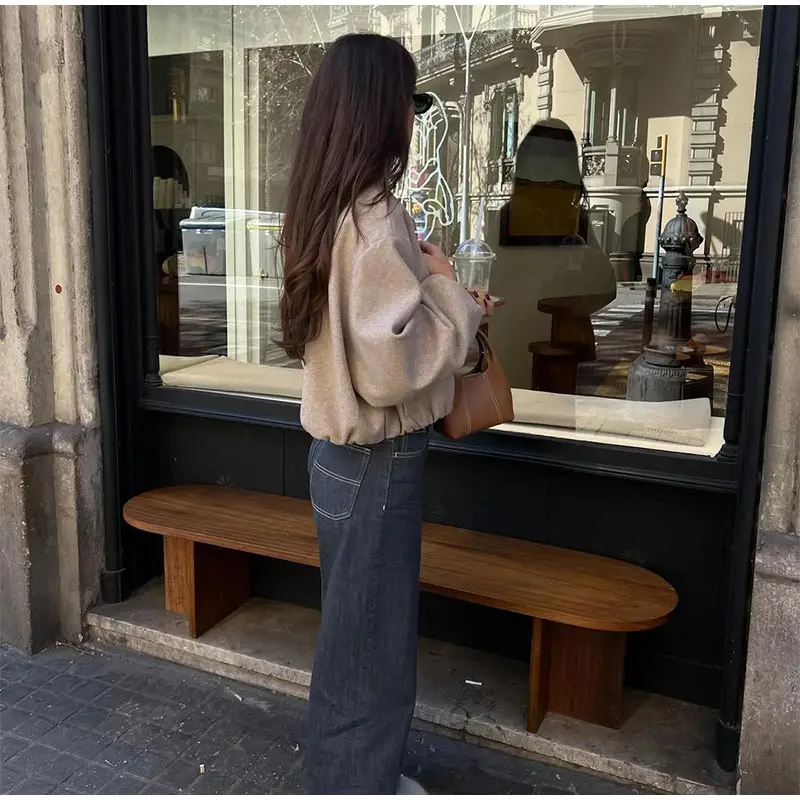 Mulheres Elegante O-pescoço Longo Lanterna Manga Bomber Jaqueta, Casual Bolsos Sólidos, Casaco Curto Solto, Casacos Senhora Chique, Zíper, Novo, 2024