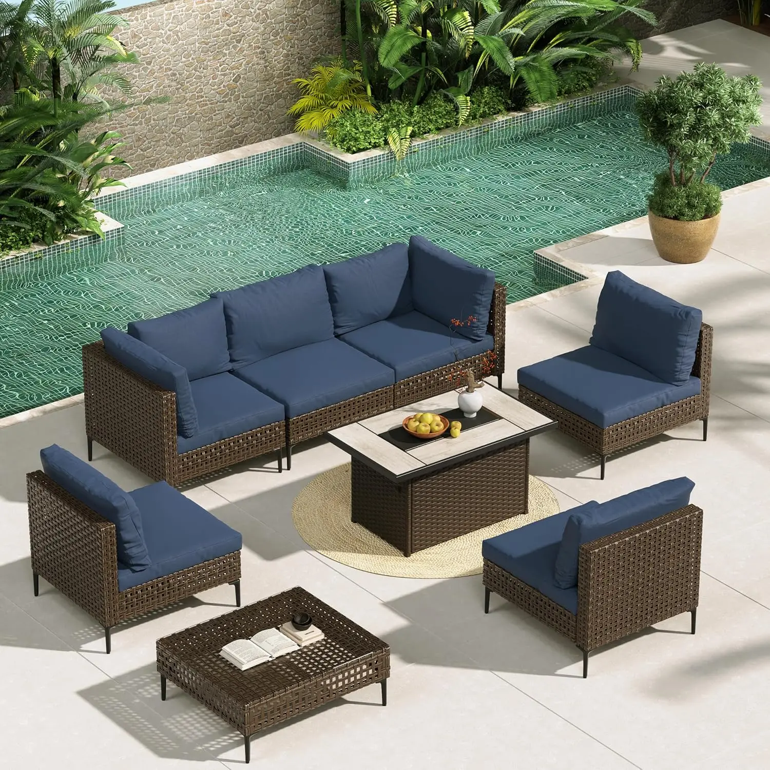 7-Piece Wicker Patio Furniture Set, Boho Outdoor Conversation Set Sectional Sofa w/ Water Resistant Thick Cushions USA