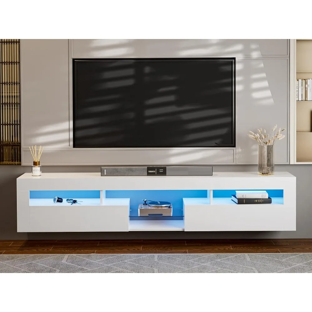 LED Floating TV Stand for 85 Inch TV, White High Glossy Wall Mounted Haning TV Stand with Cabinets, Entertainment Center Console