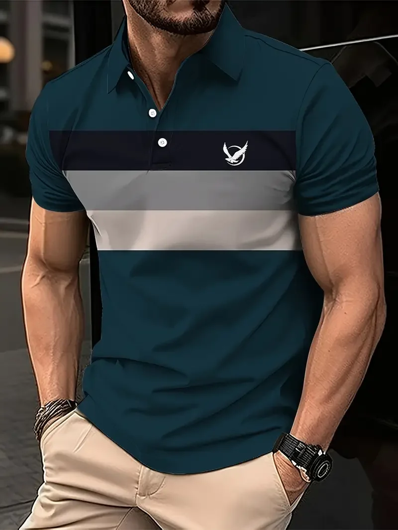 Men's bird pattern 3D print contrasting button up shirt with casual sports suitable for outdoor short sleeved striped polo shirt