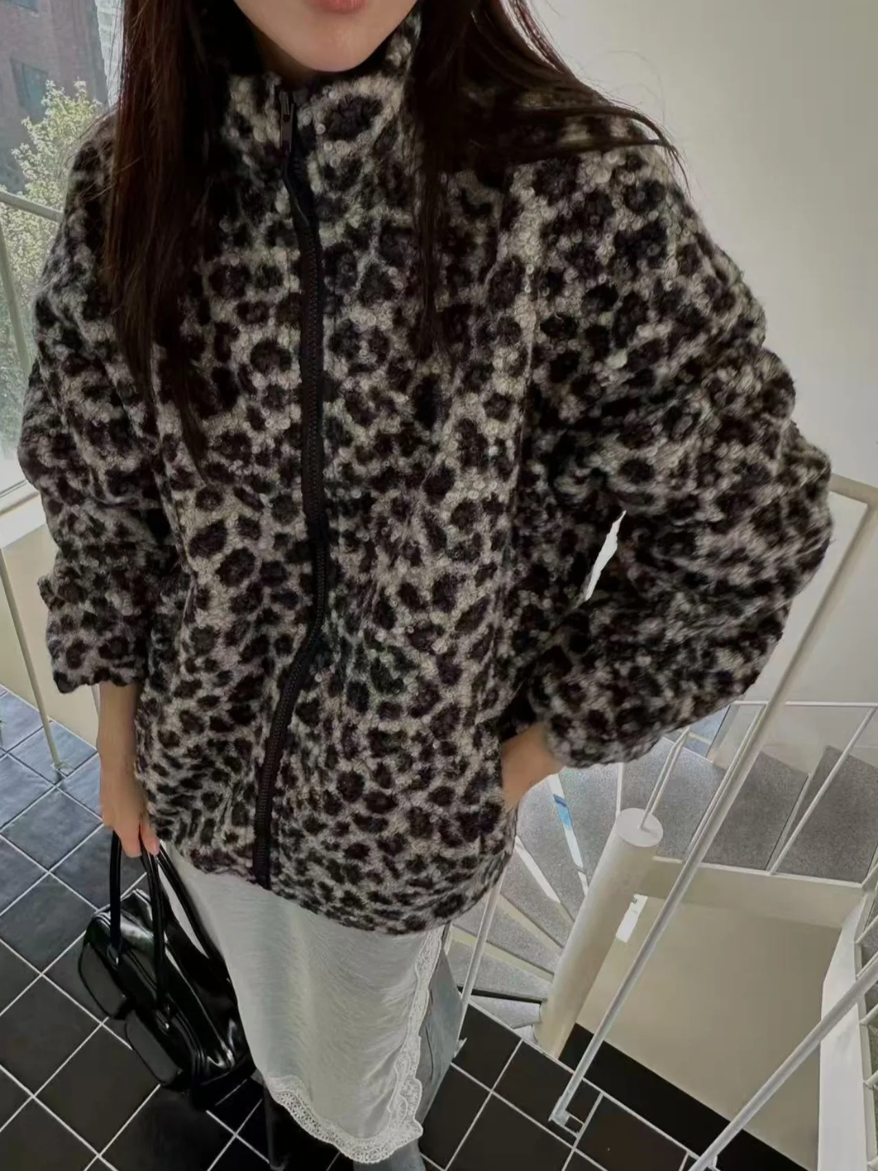 المرأة فروي الوقوف طوق خمر ليوبارد طباعة سستة Jaet الداخلية Fce الخريف الشتاء جديد Faion معطف دافئ طويل Sve #4