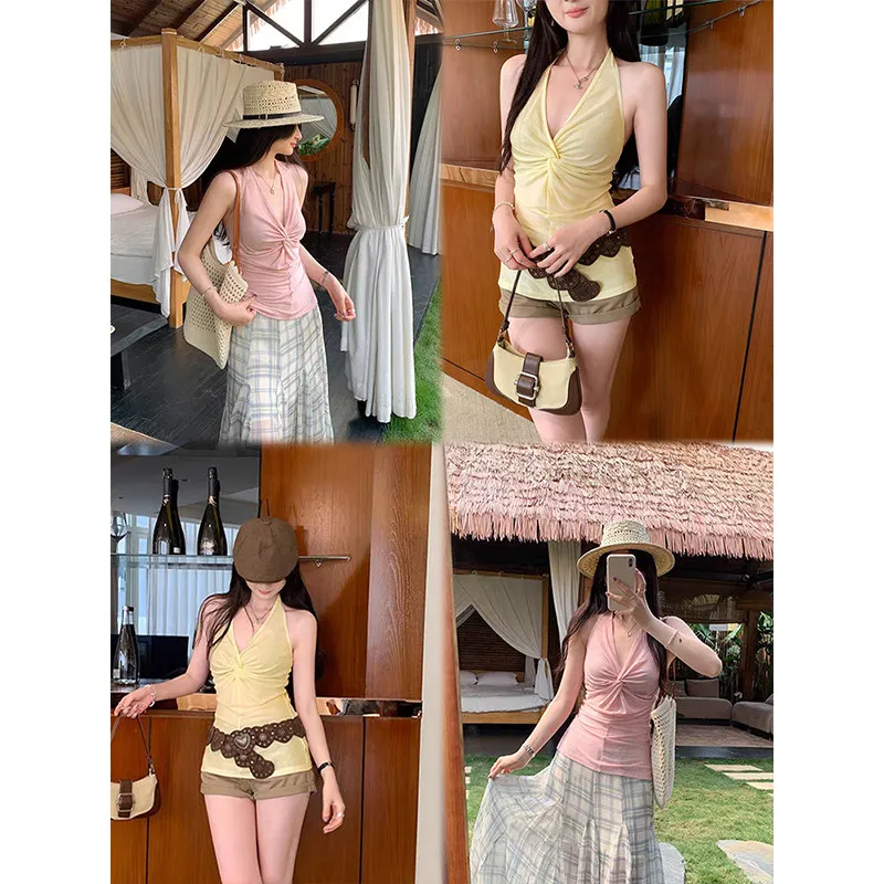 MosesQueen Queen of Moses Strapless V-Neck Hanging Neck Halter Top Sleeveless Outerwear Design Backless Women's Vest