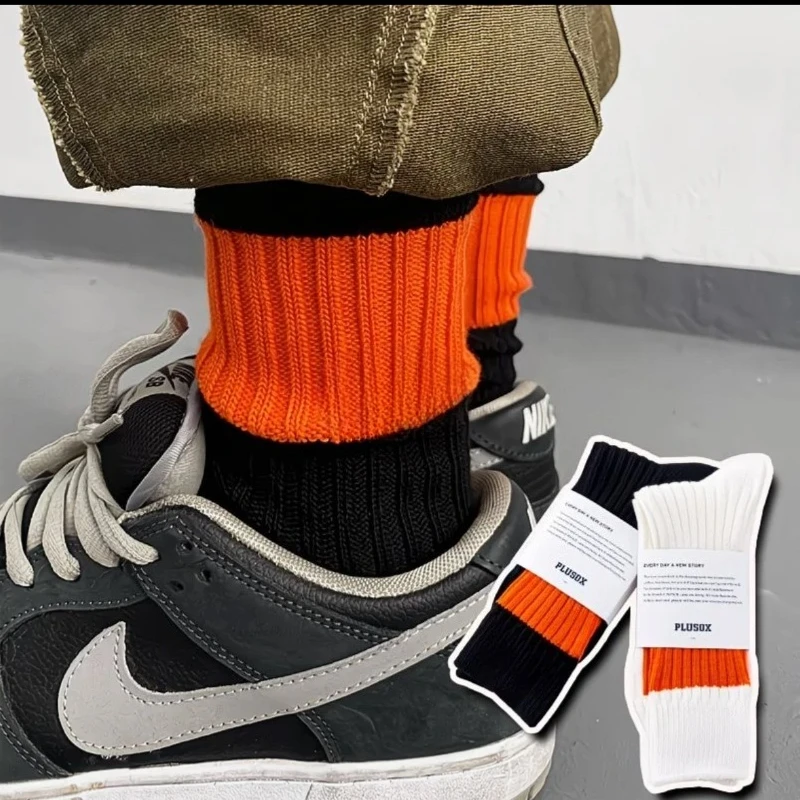 

1-2 пары осенне-зимних вязаных носков с напуском, до середины икры, унисекс, черно-белые оранжевые цветные блоки, модные повседневные носки для экипажа