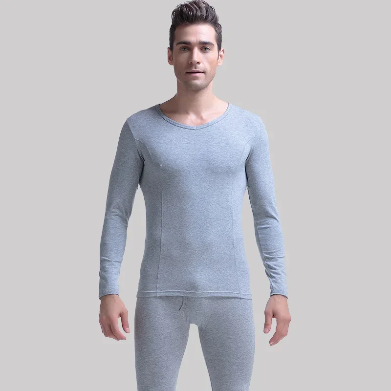 طقم ملابس داخلية حرارية للرجال مكون من قطعتين من سترة طويلة من القطن الضيق ورقبة منخفضة ورقبة على شكل حرف V وقميص أساسي