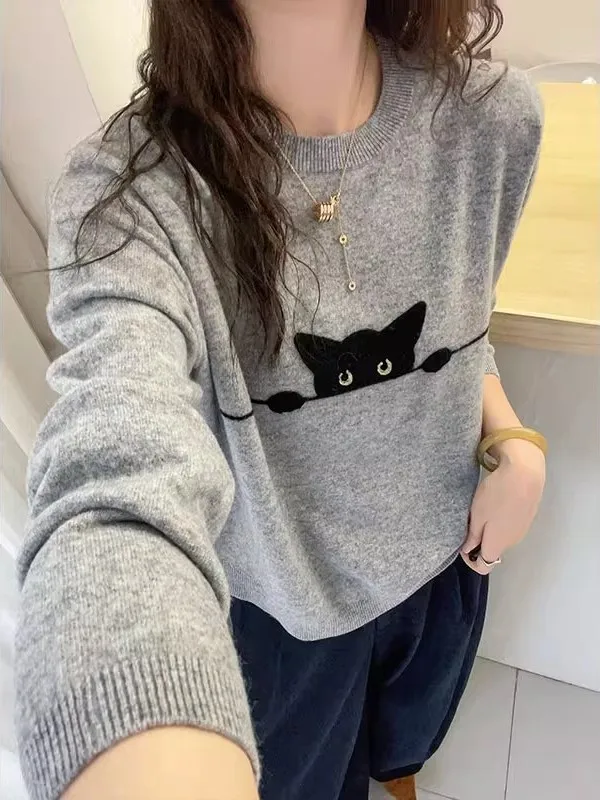 ey Semplice cartone animato ricamato rotondo Ne Maglieria da donna vestibilità ampia autunno inverno nuovo Sle versatile top dimagrante