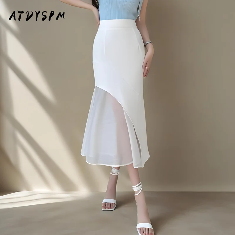 

Сетчатые юбки-русалки, женские корейские модные облегающие юбки-миди с оборками и бедрами, элегантная офисная женская официальная одежда 2025