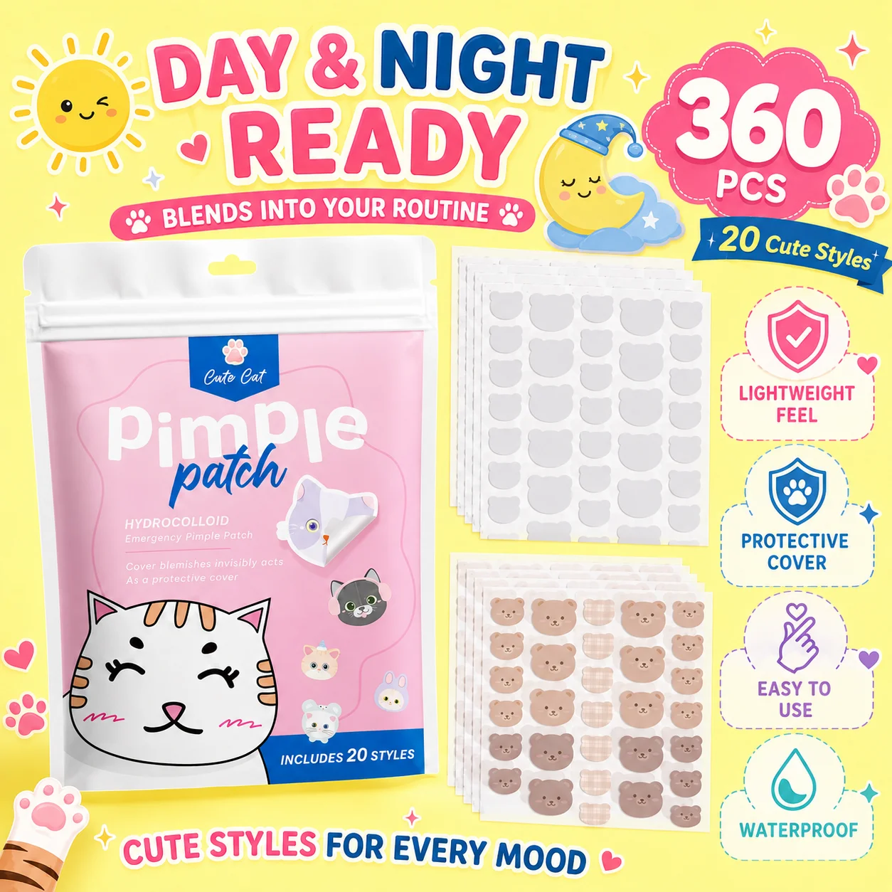 360PCS Cartoon acne patch, cute cat-shaped facial concealer acne patch, safe, non-toxic, gentle and non-irritating