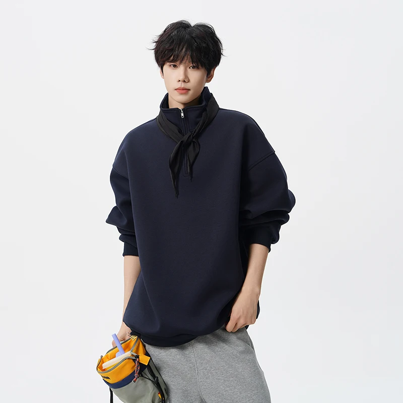 

New Men's Fake Two piece Stand up Collar Hoodie Fashionable Trend Loose Comfortable Fashion Spring and Autumn Half Zipper Hoodie