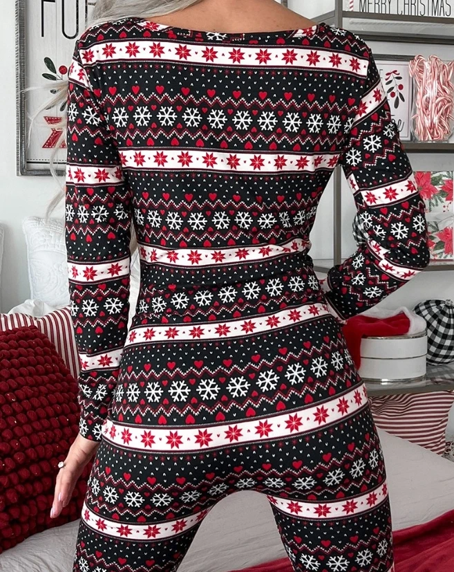 Pigiama moda per donna Casual Home 2023 autunno Sleepwear Snowflake Fair Isle Print Notch Neck Sleep tutina tuta vestiti