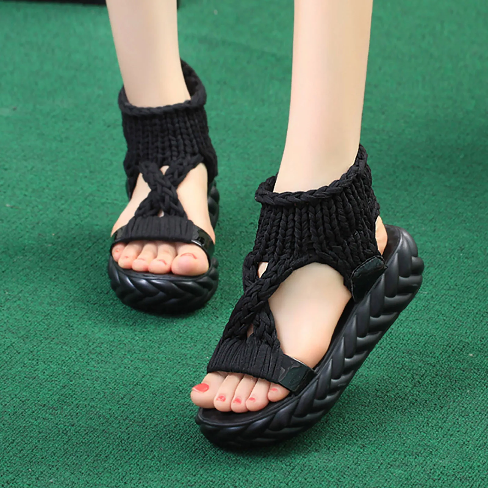 Sandals Women Braided Geometric Wedge Sandals Knitted Elastic Summer Shoes Mesh Flat Sandals Hollow Female Platform Shoes black