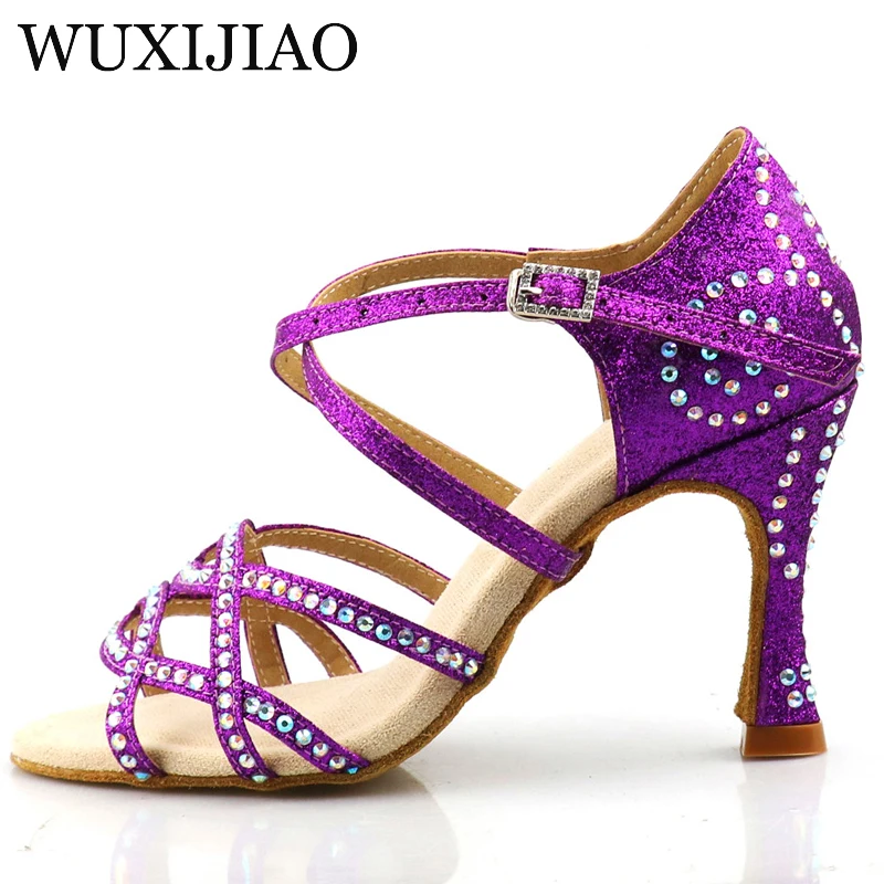 WUXIJIAO 핫 블루 퍼플 플래시 원단 여성용 라틴 댄스 슈즈, 볼룸 댄스 슈즈, 파티 스퀘어 댄스 슈즈, 소프트 힐, 7.5cm