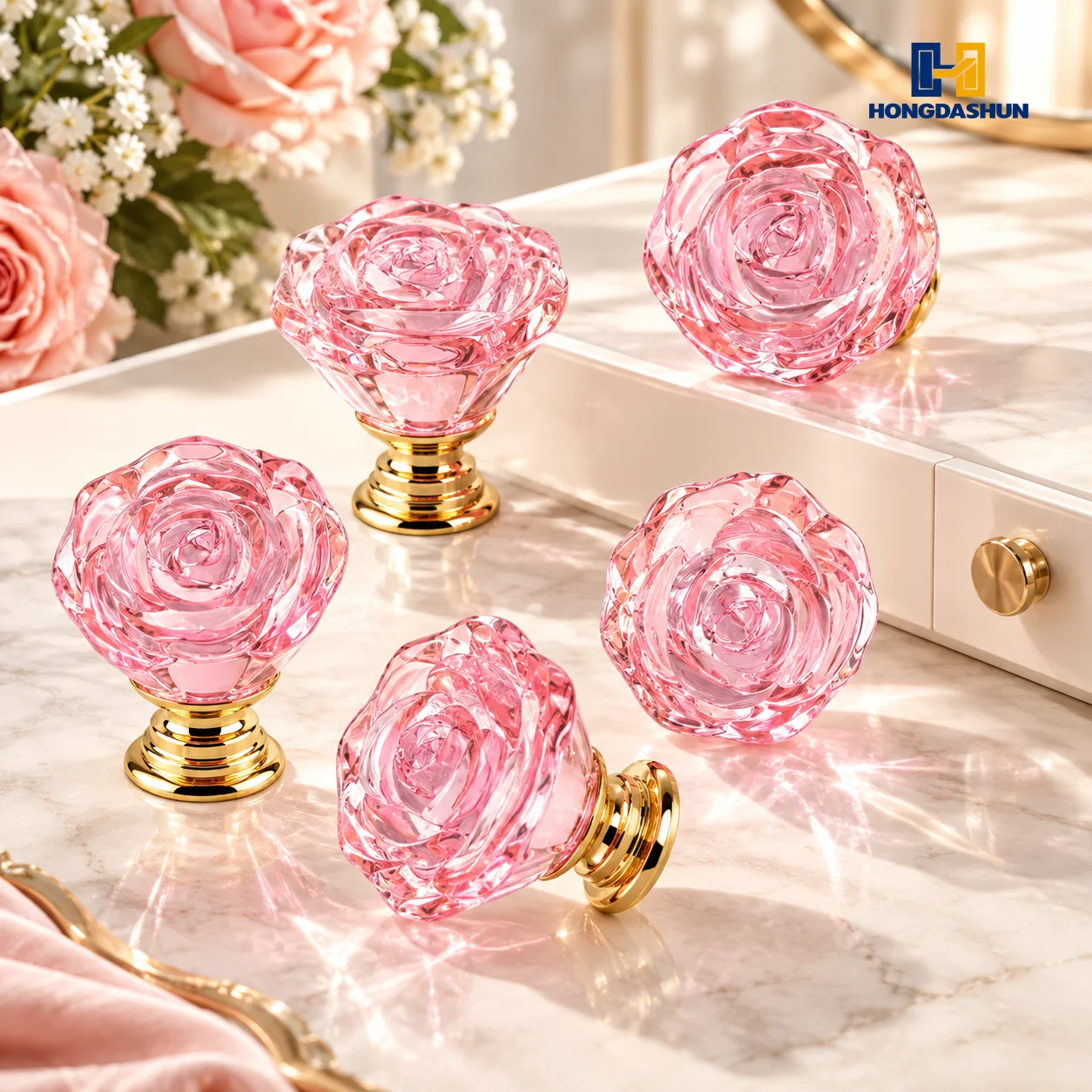6Pcs Pink Crystal Cabinet Knobs, Rose Handles for Drawer, Wardrobe, Shoe Cabinet, Wine Cabinet, Dresser Furniture Hardware