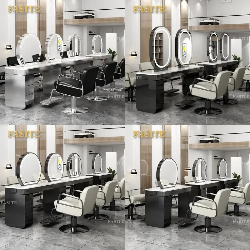 For Hair Double Sided Mirror Table Stainless Steel With Cabinet And Light Perm Dye Station Barber Shop Furniture